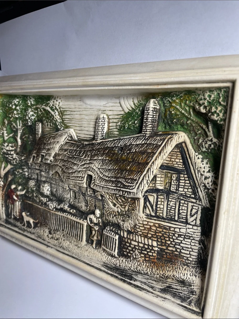 Cottage Scene Relief Wall Plaque in Cream and Green